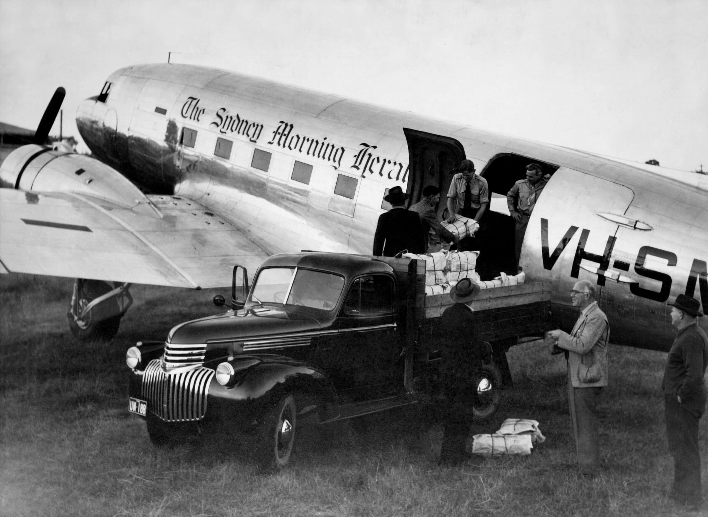 The Sydney Morning Herald distributes newspapers to remote areas via aircraft, 1 January 1950